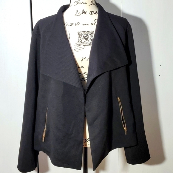 Calvin Klein- Black Open Sweater jacket  Coat Gold Zip Neutral Minimalist Sz.3X - Picture 1 of 7